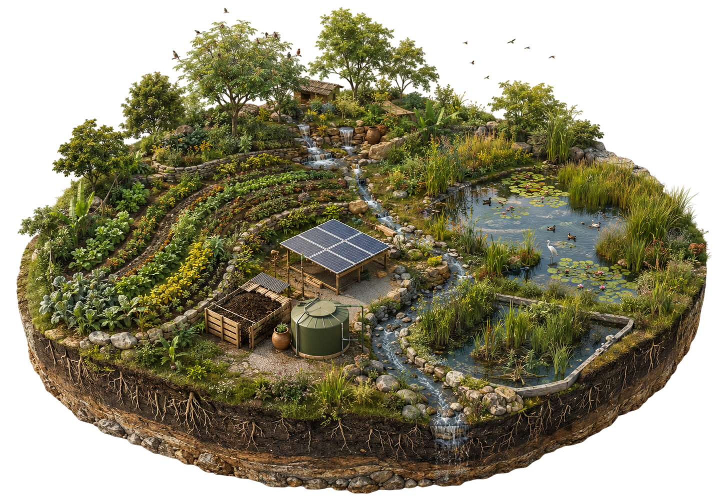 Regenerative landscape integrating water, planting, clean energy and habitat